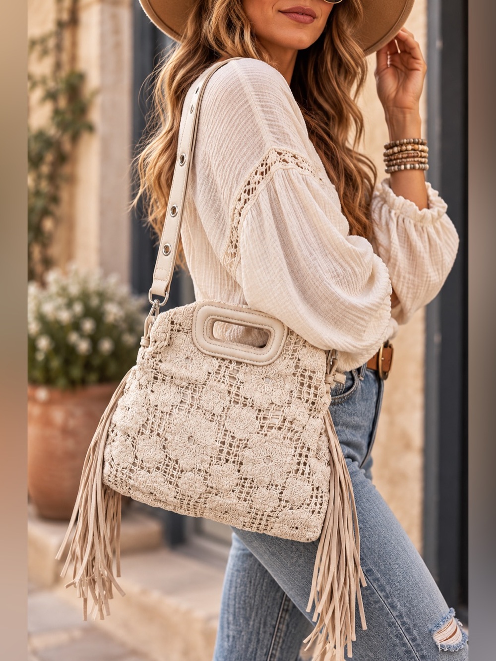 Urban Expressions Ivory Crochet Floral Fringe Crossbody Bag Boho NWT